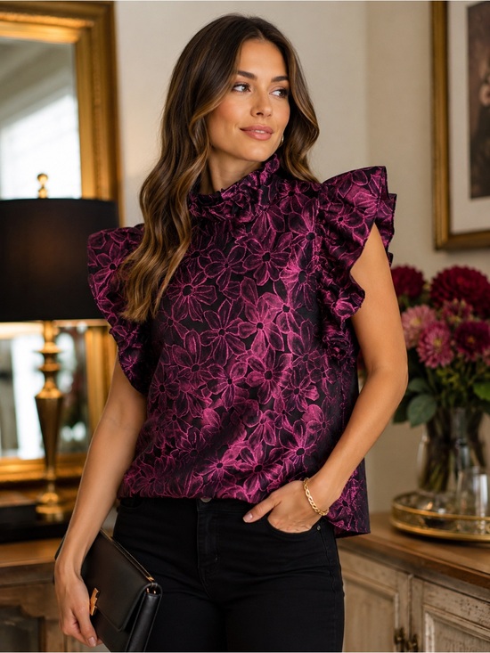 entro Tops - Entro Floral Jacquard Ruffle Sleeve Blouse L Magenta Black
